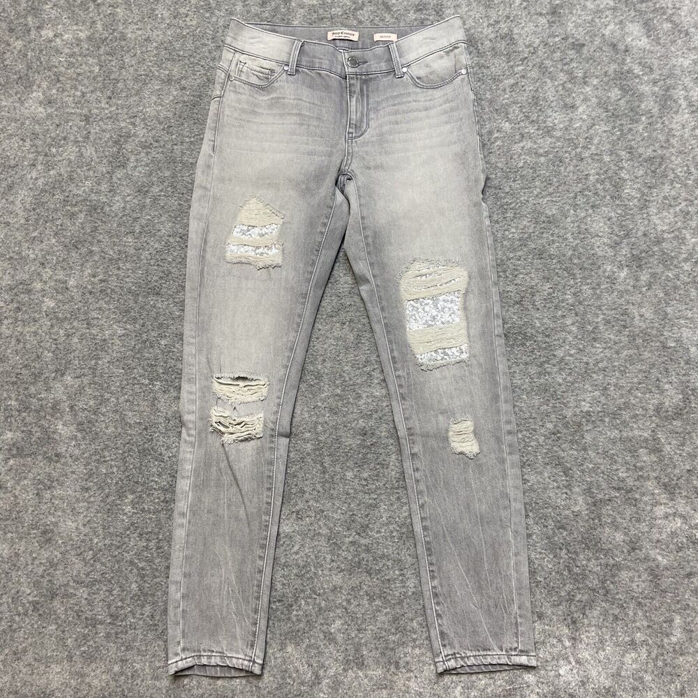 Juicy Couture Distressed Skinny Jeans‎ Women's Size 28 Gray Sequin Embellished